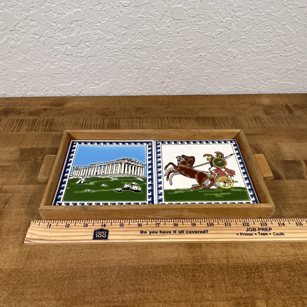 Vintage Greek Ceramic Tile‎ Art Trivet w/ Wood Frame Wooden Tray